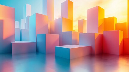 Obraz premium Abstract city skyline at sunset with colorful blocks.