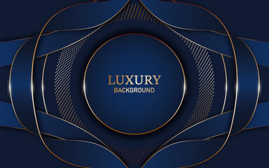 Elegant abstract design with a navy blue background. The centerpiece is a circular element, overlapping ribbons and curved patterns in dark blue tones with gold accents.  Vector illustration