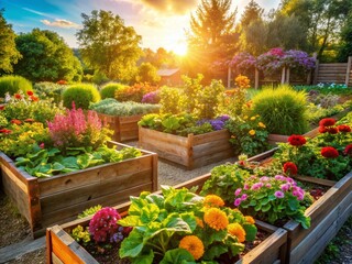 Obraz premium Panoramic View of Community Garden with Raised Wooden Flower and Vegetable Beds