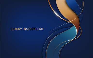Elegant abstract design with a deep navy-blue background. Flowing curved lines in shades of blue, gold, and copper create a sense of movement and sophistication. Vector illustration