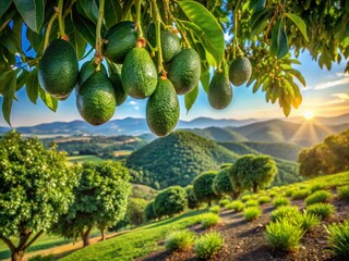 Panoramic View of Lush Avocado Orchard, Ripe Fruit Hanging on Trees