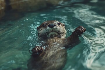 Otter swims in the river. Wild cute animal. Fluffy wet mammal in natural pond. World Wildlife Day. Natural habitat. 