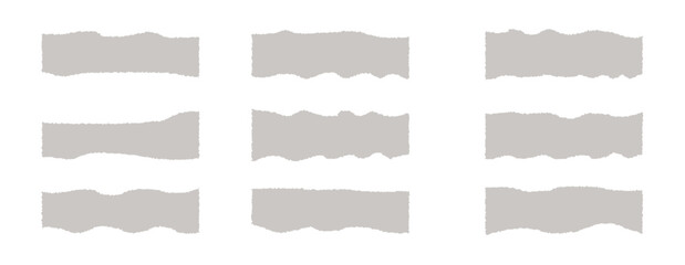 Set of white torn or ripped paper strip, sticky note and damaged newspaper cutout for social media. Ripped business banner. Torn scrap note with paint brush stroke texture. Vector illustration