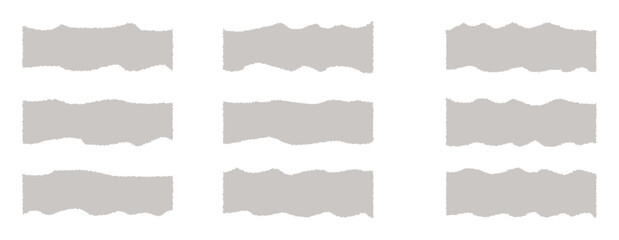 Set of white torn or ripped paper strip, sticky note and damaged newspaper cutout for social media. Ripped business banner. Torn scrap note with paint brush stroke texture. Vector illustration