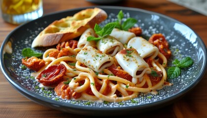 Delicious Calamari Pasta Dish with Fresh Herbs and Toasted Bread on Rustic Wooden Table