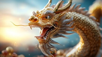 Fototapeta premium Majestic golden dragon with ornately patterned scales curling and coiling through the warm glowing sunlight This mythical legendary creature exudes a sense of power elegance