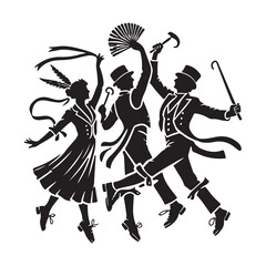 Morris Dance Silhouette Vector Illustration, Solid White Background.