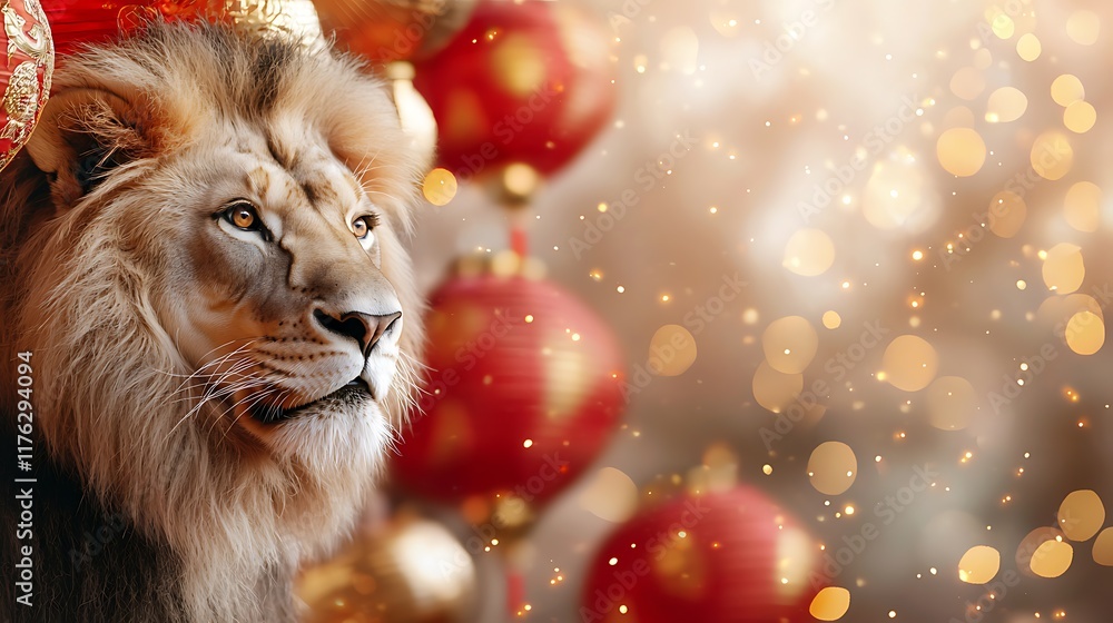 Aufkleber majestic lion with flowing mane and fierce expression surrounded by glowing red lanterns and sparkli