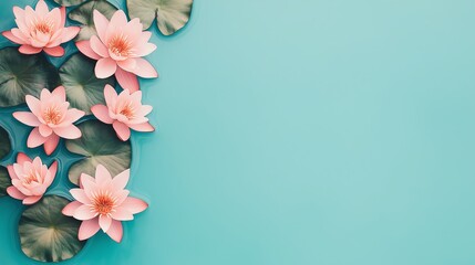 Obraz premium A serene and vibrant composition featuring delicate pink lotus flowers atop lush green leaves, set against a soothing teal background, perfect for nature and wellness themes.