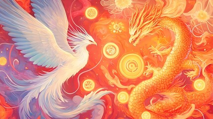 Obraz premium phoenix dragon yin yang fantasy art - mythical creatures