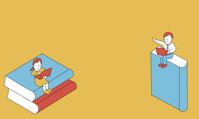本の上に座ってノートパソコンを操作する男女のイラスト