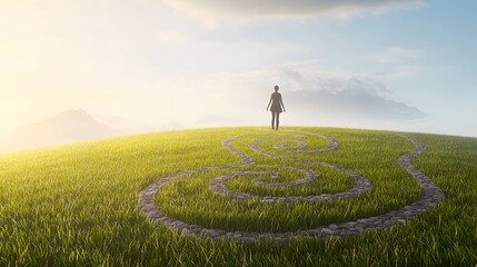 Stone paths weave in intricate patterns across a green hill. At the center, a person stands in quiet contemplation under a radiant golden sunset.