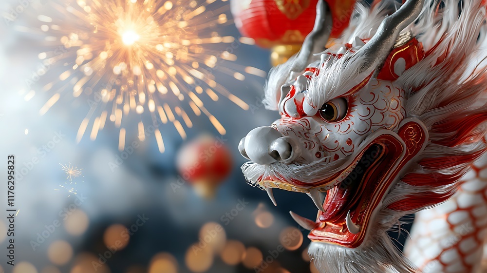 Poster mesmerizing performance of colorful and dynamic dragon dancers illuminated by cascading fireworks du