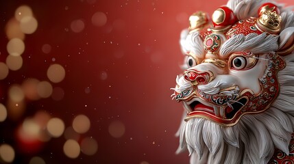 Obraz premium Mesmerizing sculptural lion head with a glowing vibrant red accented design featuring intricate oriental flair and a sense of cultural mythology and