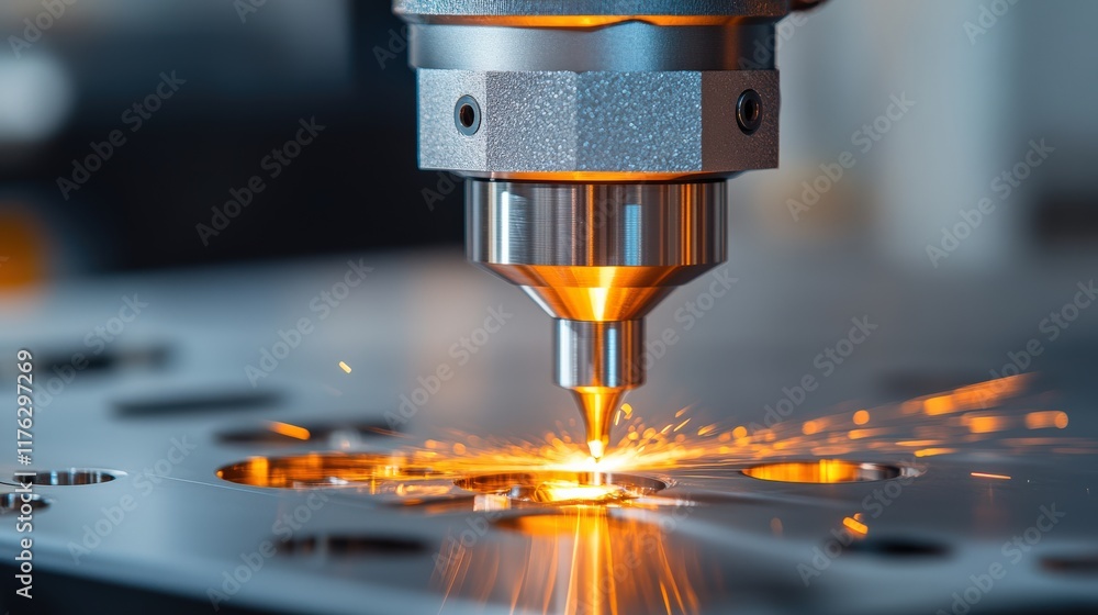 Poster high-precision laser cutting machine in action creating sparks on metal surface in modern industrial