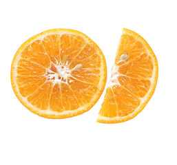 Half and slice cut fresh orange isolated on transparent background'