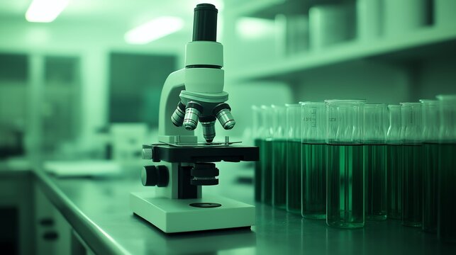 A sleek laboratory environment showcasing a microscope and green test tubes