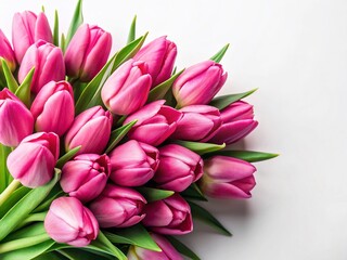 Obraz premium Pink Tulip Bouquet Flat Lay, Spring Flowers, White Background, Top View, Banner Image