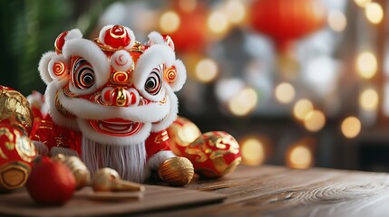 Traditional Chinese Lion Dancers Performing a Vibrant Colorful Ritual Dance Under Glowing Lanterns at a Festive Cultural or Event