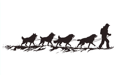 Silhouette of a dog sled team with dogs pulling a person on a sledge, vector illustration isolated on a white background.