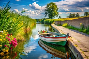 Obraz premium Polish Summer Marina: Small Boat Moored at Concrete Jetty with Reeds