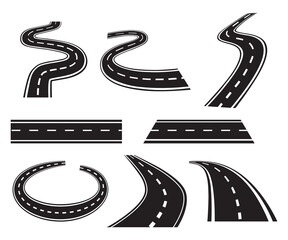 Winding and curved road. Highways, asphalt paths icon set vector