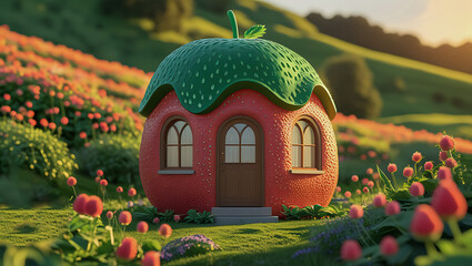 Enchanting Strawberry-Shaped Home A Surreal Architectural Masterpiece in a Vibrant Landscape