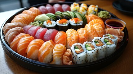 A luxurious sushi platter with vibrant rolls, sashimi, and soy sauce