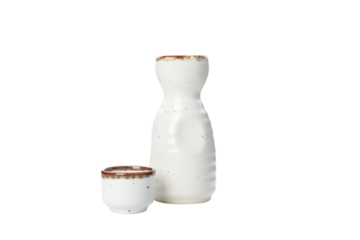 PNG, sake, in a light ceramic bottle, isolated on a white background.
