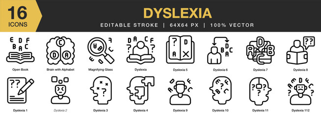 Dyslexia icon set. Editable Stroke Icon Collection. Includes Dyslexia, Neurological, Disorder, Neural, Learning, Education, Problem, and More. Outline icons vector collection. © spacepixel