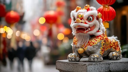 Vibrant and Colorful Lion Dance Performance During Chinese New Year Festival with Glowing Red of Traditional Culture and Heritage