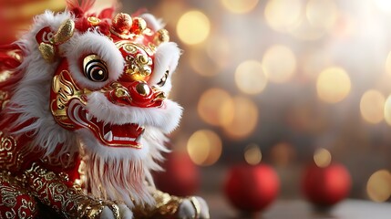 Vibrant and Colorful Lion Dance Performance on a Glowing Festive Stage with Decorative Ornaments and Bokeh Lighting