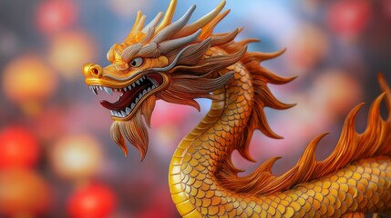 Fototapeta premium A vibrant, artistic depiction of a dragon, showcasing intricate details and a fierce expression. The image captures the essence of mythical creatures in traditional culture.