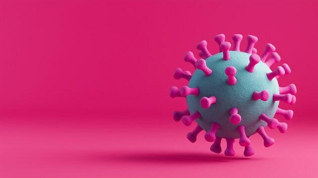A vibrant and colorful 3D illustration of a virus, showcasing its intricate structure against a vivid pink background. Ideal for educational purposes and health-related topics.