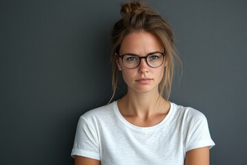 Fototapeta premium Young woman in glasses, white t-shirt. Perfect for websites, blogs needing a relatable, approachable female image.