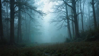 Naklejka premium Mysterious foggy forest landscape with tall trees and lush greenery
