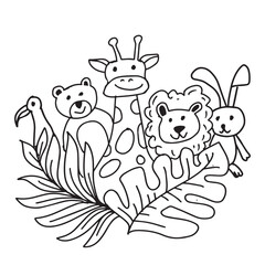 Cute cartoon animals and leaves. Black and white vector illustration.