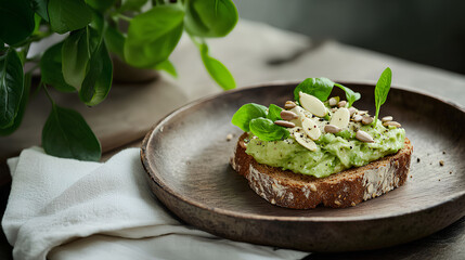 Avocado Toast with Sunflower Seeds and Black Pepper on Rustic Plate  
