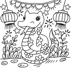 Coloring book for children, cute snake in the garden with lanterns