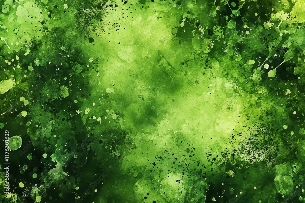 Poster abstract green watercolor background texture with splatters and shades.