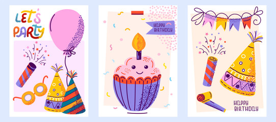 Vibrant set of birthday cards with textured colorful decorations, cupcakes, and party items. Perfect for sending birthday greetings or for use as party invitation designs