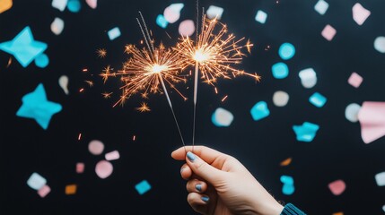 A vibrant display of celebration, featuring a hand holding sparklers against a dark background, complemented by colorful confetti. Perfect for conveying joy and festivity.
