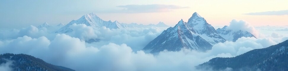 Obraz premium Dense foggy clouds enveloping mountain summits, weather conditions, snowy peaks