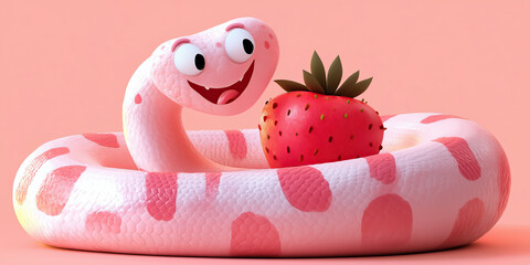 whimsical snake with heart and strawberry, exuding joy and charm