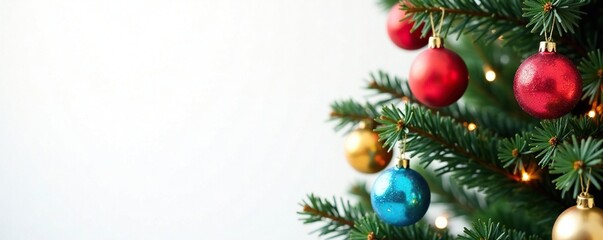 Colorful paper ornaments hang from a multicolored Christmas tree on a white background, christmas tree, white background, festive holiday