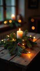 Festliche Kerzenkette auf einem alten Holztisch, Weihnachtsstimmung, Haushalt