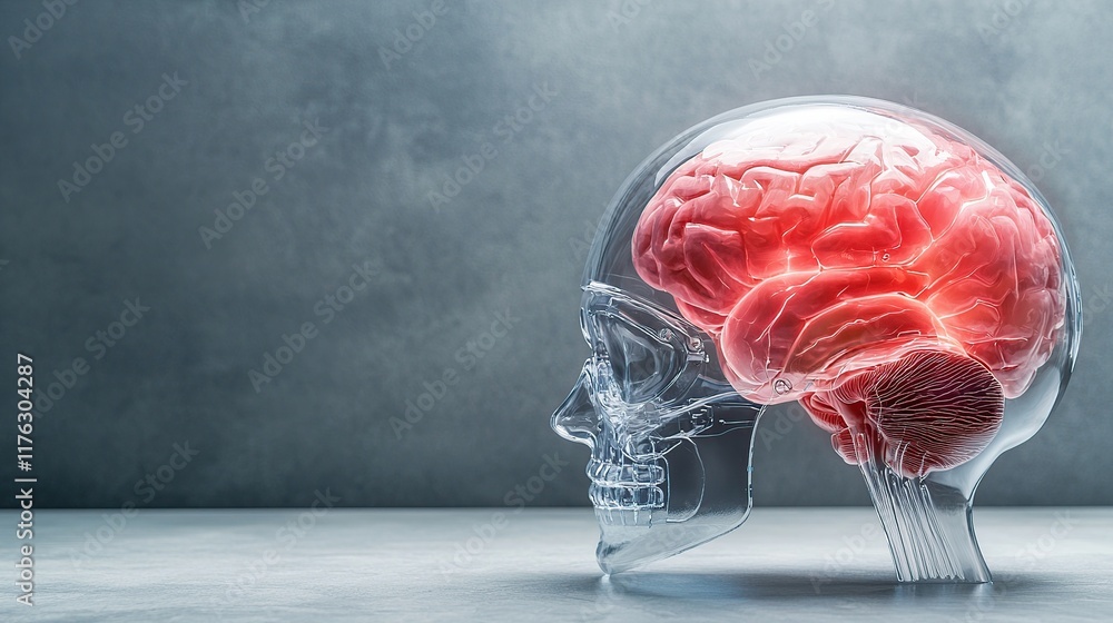Poster a translucent skull showcases a vibrant brain, symbolizing the connection between anatomy and cognit