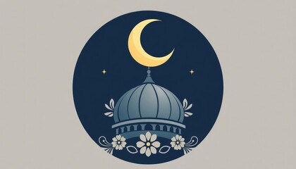 A crescent moon hovering above a mosque dome, surrounded by floral motifs.