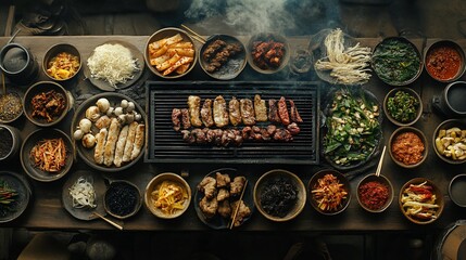 Overhead view of a table laden with various Korean BBQ dishes, including meats grilling on a barbecue.