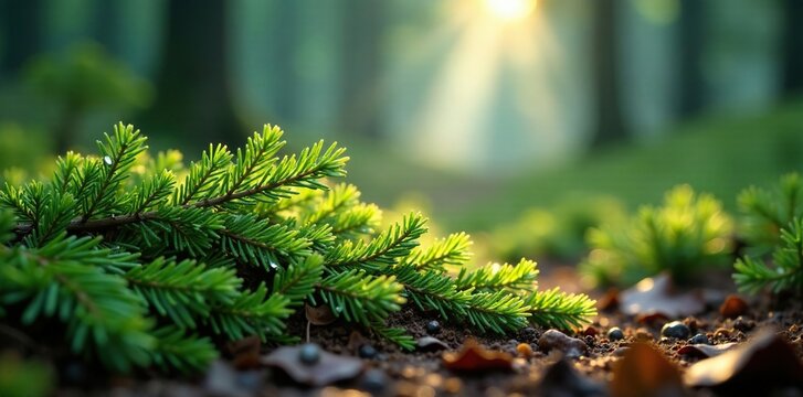 Dew-kissed pine needles glisten on forest floor, natural light, fog